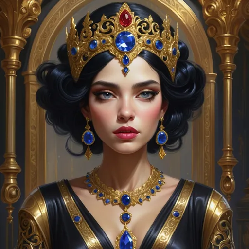 Prompt: An empress black hair wearing a black dress with gold trim and an ornate gold headpiece with sapphires and rubies. Edwin Georgi, fantasy art, highly detailed digital painting, a detailed painting