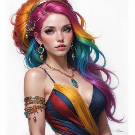 Prompt: a woman with colorful hair and jewelry on her head , Artgerm, fantasy art, stanley artgerm lau, a photorealistic painting