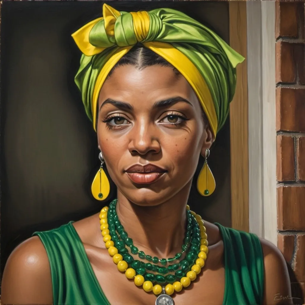 Prompt: a painting of a woman wearing a green dress and a yellow head scarf with a green necklace and earrings, Ernie Barnes, hyperrealism, hyper realism, a photorealistic painting