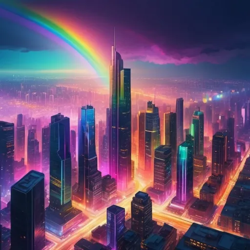 Prompt: Cityscape in bright rainbow colors, vibrant and lively, high quality, digital art, rainbow colors, city lights casting a colorful glow, futuristic skyscrapers, detailed urban setting, rainbow-toned city, professional, atmospheric lighting