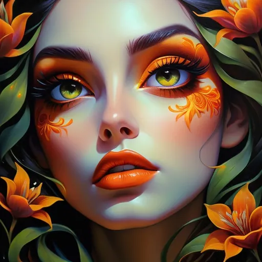 Prompt: Beautiful  hybrid woman with flowers sprouting from her, oil painting, detailed fiery eyes, ethereal glow, dark and mysterious, high quality, vibrant colors, surreal, haunting, intricate floral details, intense gaze, mystical atmosphere, oil painting, demon, hybrid, fiery eyes, ethereal, vibrant colors, surreal, haunting, floral details, intense gaze, mystical atmosphere