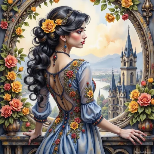 Prompt: Framed by an ornate arch, a young woman gazes thoughtfully out over an idyllic landscape, her long, dark hair cascading in soft waves adorned with peach-colored flowers. She wears a stunning blue gown, elegantly embroidered with intricate floral patterns that complement the blossoms nearby. Behind her, tall spires and charming architecture rise against a pastel sky, hinting at a serene, possibly early evening setting. The soft, warm color palette combines with the gentle play of light, creating an enchanting atmosphere that evokes a sense of wistful contemplation. The scene captures a moment of grace and quiet beauty, inviting viewers to share in an ethereal escape into this picturesque world.