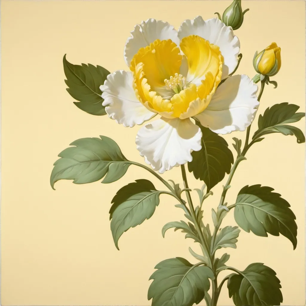 Prompt: a white and yellow flower with green leaves on a yellow background with a yellow background and a white and yellow flower, Annabel Kidston, rococo, artgem, a flemish Baroque