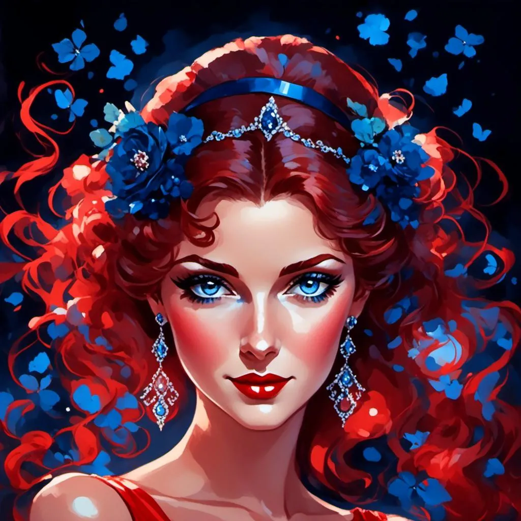 Prompt: A lady in red, blue eyes, Auburn hair, facial closeup<mymodel>