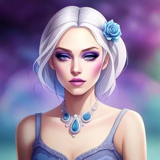 Prompt: A beautiful woman, white hair with pastel purple highlights, violet eyes, blue eyeshadow, pastel blue roses in her hair, blue jewels on forehead, cartoon style