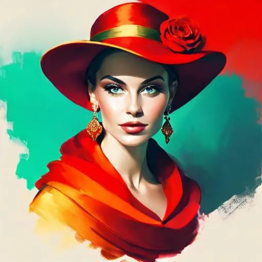 Prompt: Beautiful ethereal woman. color scheme of tuquoise and red., wearing turquoise and gold jewlery, wearing a red hat with red flowers, facial closeup