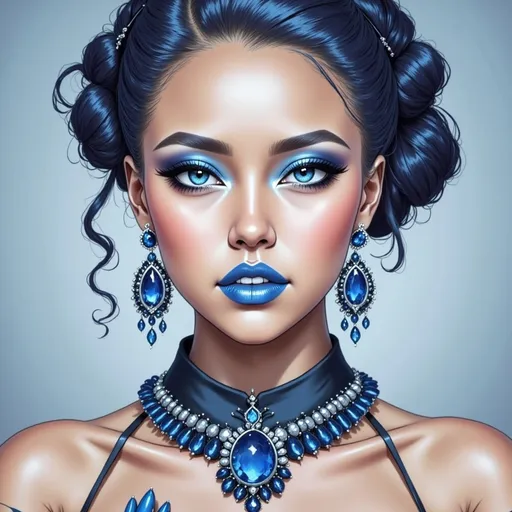 Prompt: Female emo blue bunny, blue hair, blue lipstick, glossy lips, blue eyes, blue eyeshadow, blue makeup, blue nails. realistic, detailed, full body view