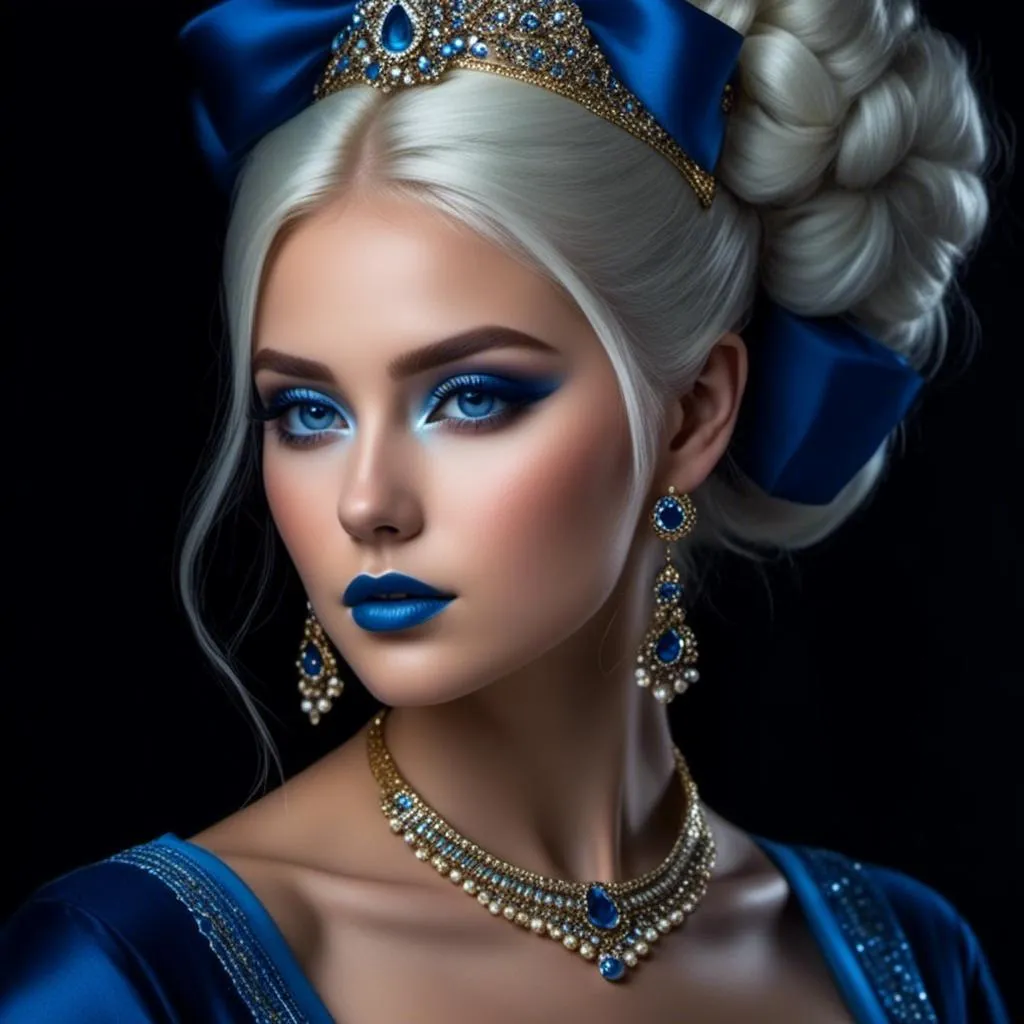 Prompt: <mymodel>A beautiful woman, white hair, blue eyes, blue eyeshadow, blue jewels o