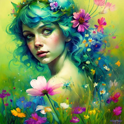 Prompt: a fairy of spring, ,wildflowers, vivid colors,  facial closeup