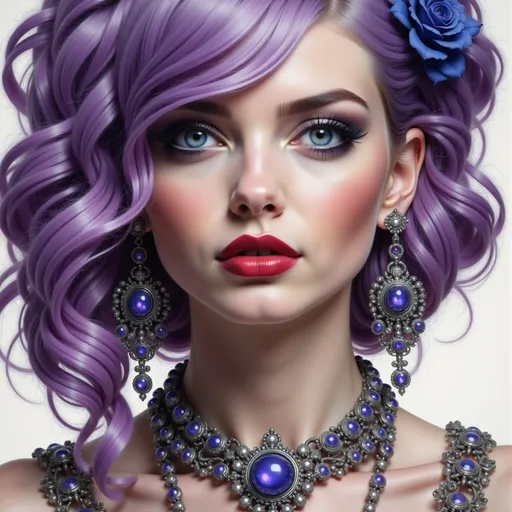 Prompt: a digital painting of a woman with purple hair and jewelry on her neck and face, with a white background, Anne Stokes, gothic art, highly detailed digital painting, a detailed drawing