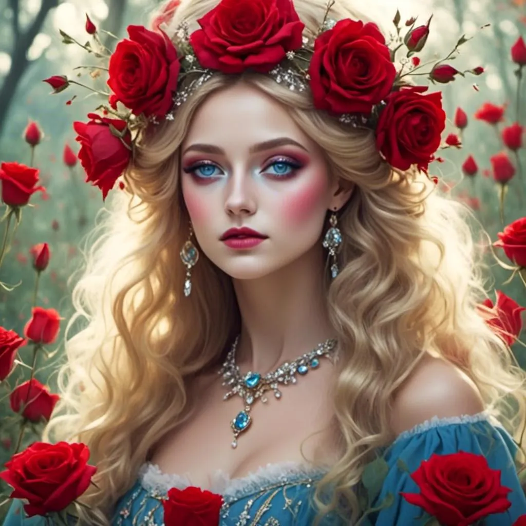 Prompt: <mymodel>Fairy tale, beautiful girl with white skin, (perfect face), light golden hair, blue pupils, red lips, forest style, mysterious, vintage fashion-dresses, with a transparent crystal crown on her head, the woman's body is so white Glows, (high detail) sitting on an oversized red rose, hyperdetail, ultra high definition.<mymodel>