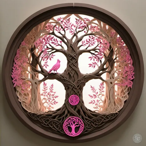 Prompt: A tree with pink foliage inside a celtic circle