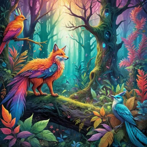 Prompt: Vibrantly colored fantasy illustration of a mystical forest, magical creatures with vibrant fur and feathers, enchanting flora with vivid hues, high-quality, detailed, fantasy, vibrant colors, mystical creatures, magical forest, enchanting flora, professional, atmospheric lighting