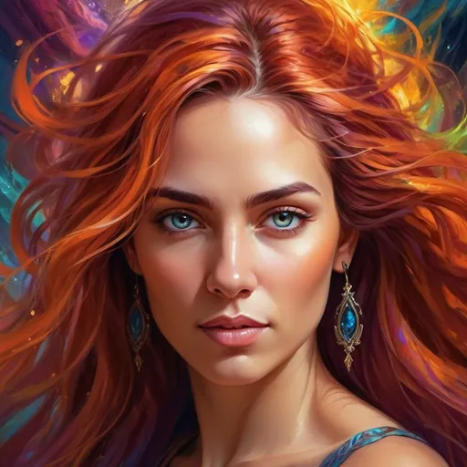 Prompt: Detailed digital painting of a powerful woman, vibrant colors, magical fantasy setting, flowing hair with intricate details, intense and confident expression, ethereal and mystical atmosphere, high quality, digital painting, fantasy, vibrant colors, flowing hair, powerful, confident, mystical, atmospheric lighting