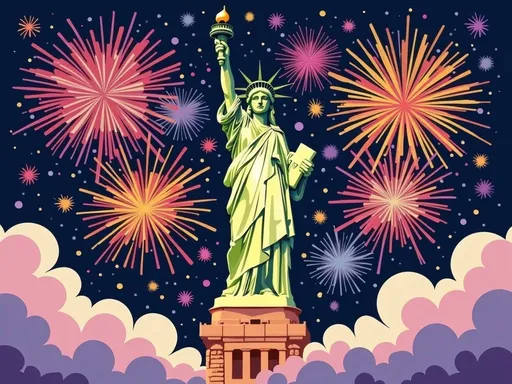 Prompt: This is a vibrant, digital illustration of the Statue of Liberty set against a night sky filled with colorful fireworks. The Statue of Liberty, depicted in a stylized, almost comic-book-like manner, stands prominently in the center of the image. She is illustrated with a bright yellow-green hue, and her iconic crown of seven rays and flowing robes are clearly defined. In her right hand, she holds a torch with a glowing flame, while in her left hand, she clutches a scroll. The background is a deep navy blue, representing the night sky, adorned with an array of bright, multicolored fireworks in shades of red, pink, yellow, and orange. The fireworks burst in various sizes and patterns, creating a festive and celebratory atmosphere. At the bottom of the image, there are large, soft clouds in purple and pink hues, adding depth and contrast to the scene. The overall style is bold and dynamic, with strong lines and vivid colors, giving the illustration a lively and energetic feel. The image captures a sense of celebration and patriotism, with the Statue of Liberty symbolizing freedom and the festive fireworks adding a sense of joy and excitement.