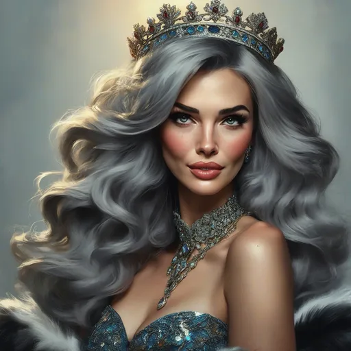 Prompt: a woman with grey hair and a tiara on her head is wearing a diamond necklace, Charlie Bowater, fantasy art, highly detailed digital painting, a photorealistic painting