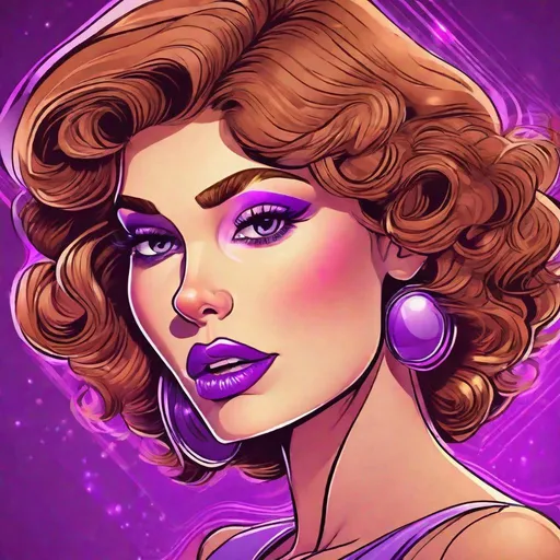 Prompt: Cartoon-style closeup illustration of a disco lady, light brown hair, vibrant  purple 80s makeup, detailed smooth lines, high quality, playful, detailed eyes, rosy cheeks, cartoon style, professional lighting