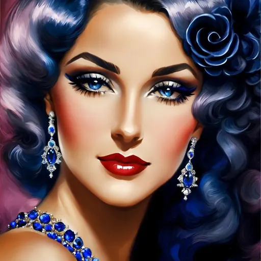 Prompt: Glamorously dressed lady of rhe 1930's wearing sapphire jewelry