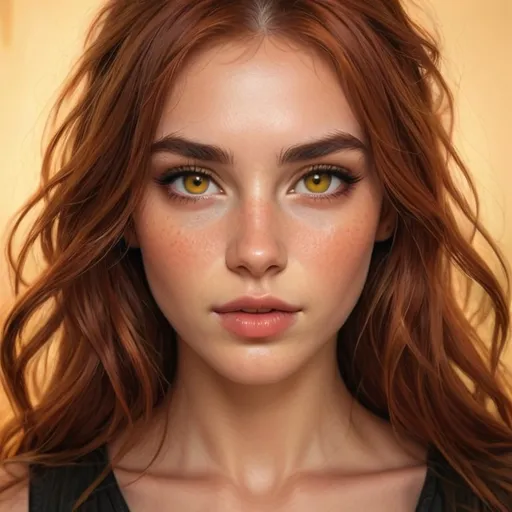 Prompt: A stunning young woman captures attention with her striking features. Her long, flowing auburn hair cascades around her shoulders, accentuating her bright, piercing yellow brown eyes with dark lashes, eyes that reflect a warm glow. A soft, dewy complexion showcases her delicate facial structure, highlighted by rosy cheeks and a glossy, orange-hued lip. The overall scene radiates a joyful, summery vibe, with rich colors that enhance the enchanting, almost magical quality of her expression, inviting onlookers into her captivating world. The intimate close-up composition draws focus to her mesmerizing gaze, creating an alluring and whimsical atmosphere.
