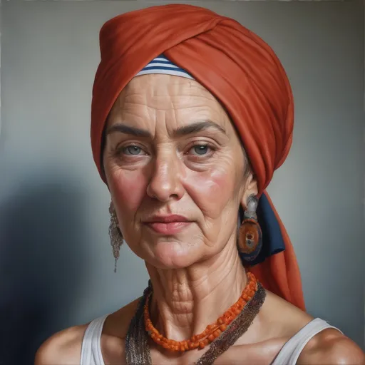 Prompt: <mymodel> a woman with a turban and a necklace on her neck and a striped shirt on her shoulder, Art Brenner, photorealism, extremely detailed oil painting, a photorealistic painting