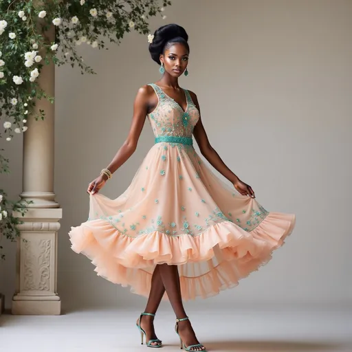 Prompt: Radiating elegance, a young woman twirls gracefully in a stunning, peach-colored dress adorned with intricate beading and sparkling turquoise accents that catch the light beautifully. The dress, with its flowing layers, creates a whimsical aura, accentuated by the soft ruffles along the hem that enhance her movements. Set against a muted backdrop featuring classical architectural elements and delicate greenery, the scene evokes a sense of sophistication and tranquility. Her poised expression and carefully styled hair, complemented by matching jewelry, further embody a charming and refined aesthetic. The overall composition captures a moment of joyful movement, marrying fashion and artistry in a beautifully serene setting.