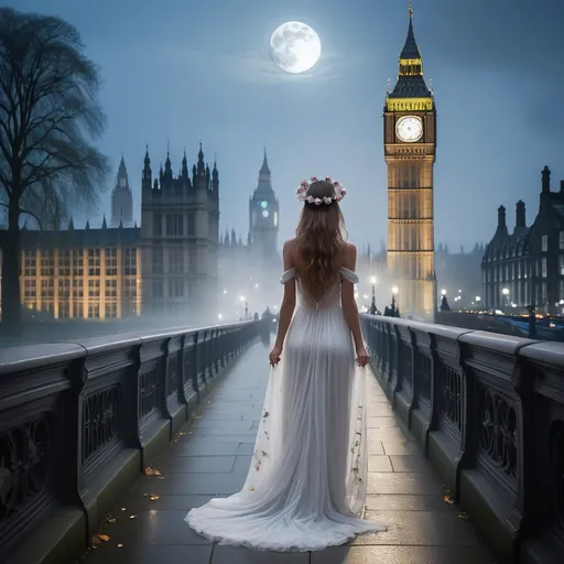 Prompt: A tranquil scene unfolds on a misty bridge, where a young woman stands with her back to the viewer, gazing toward the iconic Big Ben tower illuminated against the evening sky. Dressed in a flowing white gown and adorned with a delicate floral crown, her long hair cascades down her back, blending with the ethereal ambiance of the night. The low-hanging moon casts a silvery glow, enhancing the fog that envelops the surroundings and adding a dreamlike quality to the moment. The path beneath her feet, lined with a stone pattern, reflects remnants of autumn leaves, while bare trees stand sentinel along the bridge, creating an arresting contrast against the soft lights of the distant city. The overall mood is serene yet haunting, evoking a sense of longing and mystery within this enchanting setting.