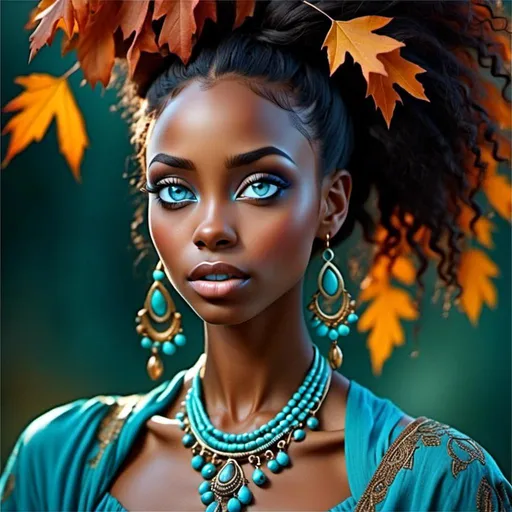 Prompt: <mymodel>Woman with dark skin, warm autumn colors, wearing turquoise jewelry,facial closeup