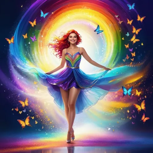 Prompt: (rainbow lady), vibrant colors, flowing multicolored hair, whimsical attire accentuated with geometric patterns, ethereal background with swirling hues, uplifting atmosphere, enchanting smile, surrounded by luminous butterflies, sparkling light effusions, magical feel, (4K), ultra-detailed, captivating composition, cheerful mood, reminiscent of a fairytale.