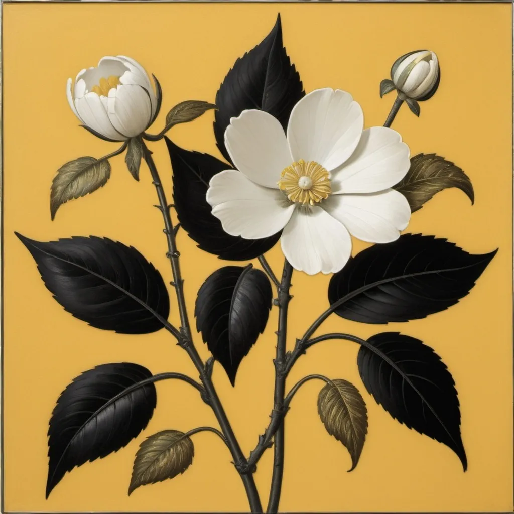 Prompt: <mymodel> a painting of a white flower with black leaves on a yellow background with a yellow background behind it and a black and white flower, Ambrosius Bosschaert II, cloisonnism, in gouache detailed paintings, an art deco painting