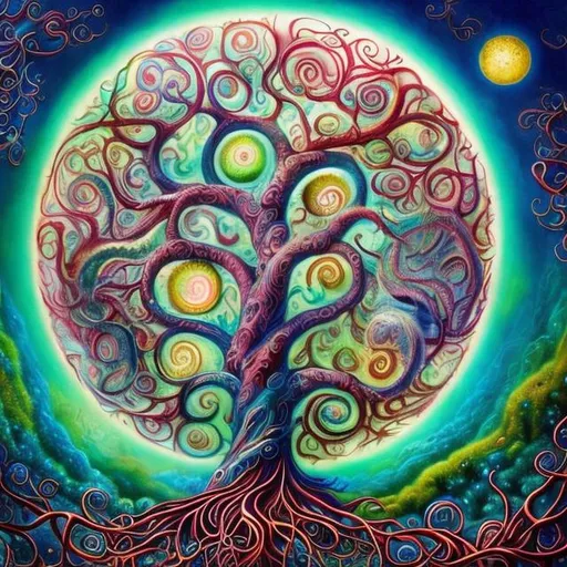 Prompt: Surrealistic depiction of the Tree of Life, vibrant and otherworldly, swirling branches and roots, dreamlike atmosphere, mysterious and enchanting, high quality, detailed surrealism, magical realism, whimsical colors, ethereal lighting, mystical infusion, vibrant and dreamlike, mystical, enchanted, surrealism, vibrant colors, swirling branches, dreamlike, high quality, detailed, magical realism, ethereal lighting