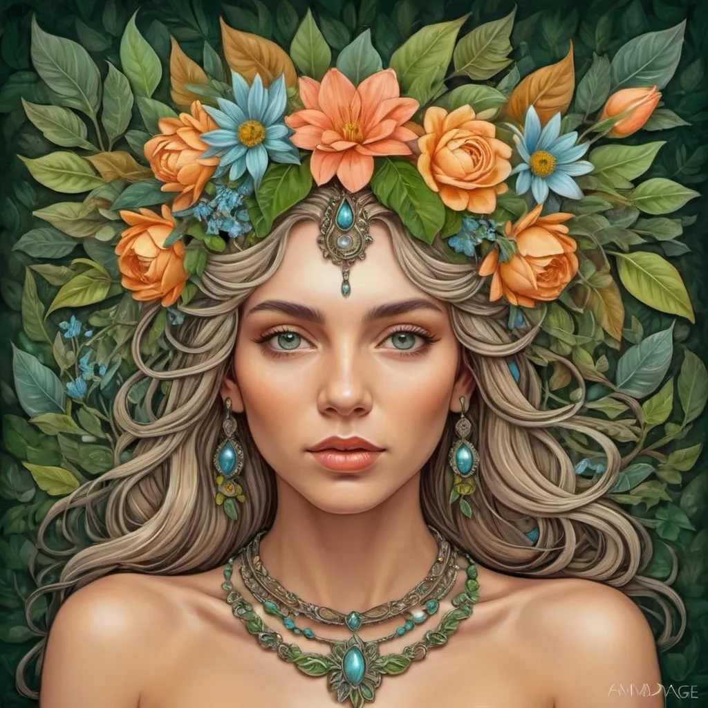 Prompt: <mymodel> a woman with flowers in her hair and a necklace on her head, surrounded by leaves and flowers, is shown in a digital painting style, Amanda Sage, fantasy art, highly detailed digital painting, a detailed painting