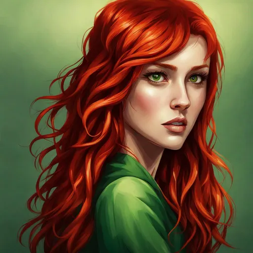Prompt: A pretty girl with red hair wearing green