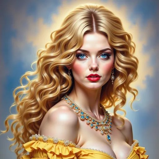 Prompt: a painting of a woman with long blonde hair wearing a yellow dress and necklace with a blue sky in the background, Edwin Georgi, photorealism, highly detailed digital painting, a photorealistic painting