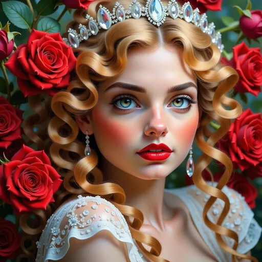 Prompt: Fairy tale, beautiful girl with white skin, (perfect face), light golden hair, blue pupils, red lips, forest style, mysterious, vintage fashion-dresses, with a transparent crystal crown on her head, the woman's body is so white Glows, (high detail) sitting on an oversized red rose, hyperdetail, ultra high definition.