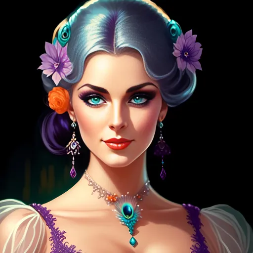 Prompt: <mymodel>dynamic composition of a pale skinned woman with hair of flowers and peacock plummage  of aqua, orange and purplepurple, ornate details,lacey clothes, facial closeup