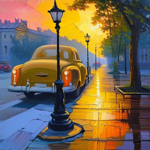 Prompt: a painting of a street with a car parked on the side of the road and a lamp post on the side of the road, Evgeny Lushpin, american scene painting, intricate oil painting, an oil painting