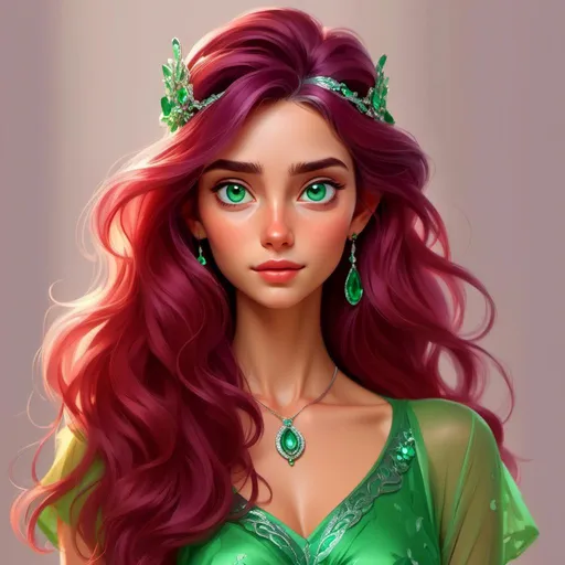Prompt: <mymodel>Detailed illustration of a woman in vibrant green attire, large vivid green eyes, elegant makeup, digital painting, high resolution, realistic style, vibrant green, professional lighting