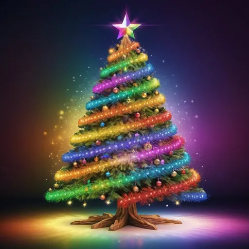 Prompt: Rainbow Christmas tree, vibrant and colorful, festive ornaments, sparkling lights, high quality, digital art, rainbow colors, holiday theme, joyful atmosphere, warm lighting