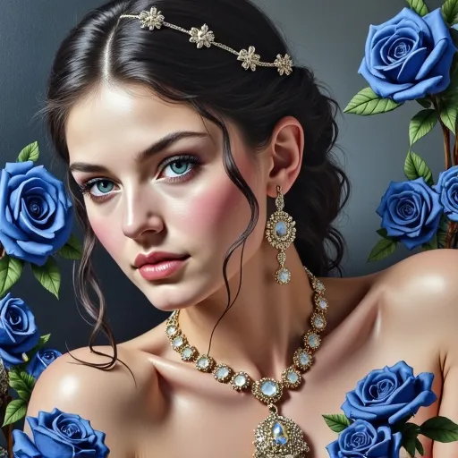 Prompt: a painting of a woman with blue roses in her hair and a necklace on her neck and a blue rose in her hair, Anne Stokes, figurative art, highly detailed oil painting, an oil painting