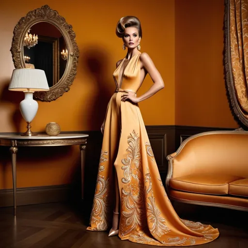 Prompt: Haute couture model in a retro 1970s outfit, retro hair style, elegant and sophisticated full body pose, luxurious fabric with rich textures, high-end fashion photography