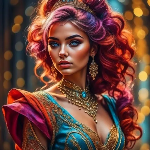 Prompt: <mymodel> digital painting, dramatic colourful makeup, high fashion, intense gaze, realistic portrayal, vibrant colors, detailed features, highres, professional, dramatic, realistic, digital painting, intense gaze, vibrant colors, detailed features, high fashion, glamorous lighting