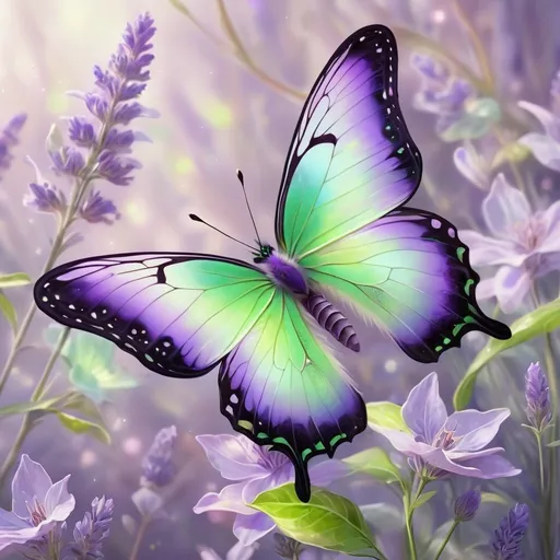 Prompt: lavender and lime green butterfly, vibrant colors, detailed wings with intricate patterns, ethereal and dreamy, high quality, digital painting, fantasy, magical lighting, delicate, whimsical, nature-inspired, soft focus, pastel tones, enchanting atmosphere