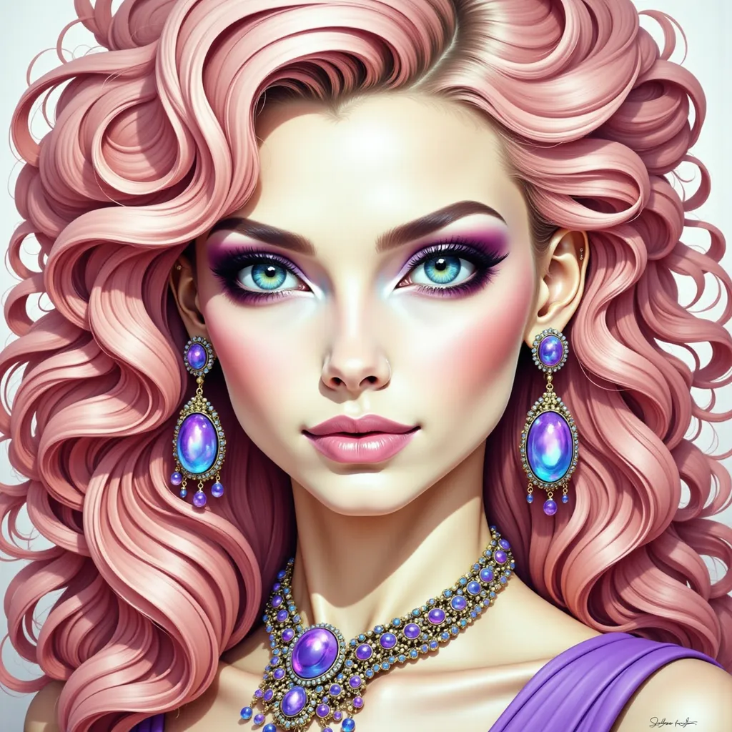 Prompt: a woman with pink hair and blue eyes wearing purple jewelry and a necklace and earrings on her neck and a purple dress, Edwin Georgi, photorealism, highly detailed digital painting, a photorealistic painting