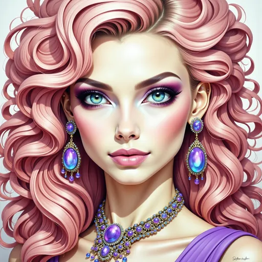 Prompt: a woman with pink hair and blue eyes wearing purple jewelry and a necklace and earrings on her neck and a purple dress, Edwin Georgi, photorealism, highly detailed digital painting, a photorealistic painting