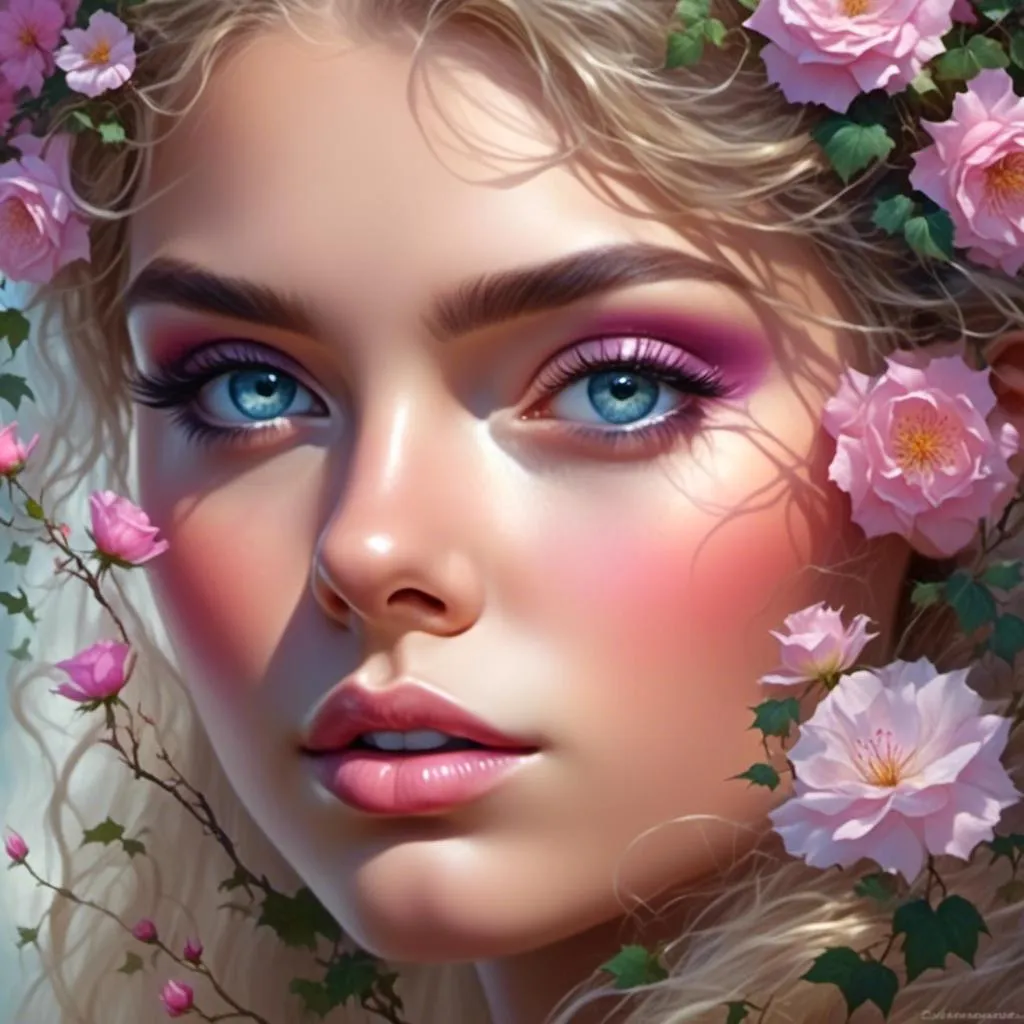 Prompt: <mymodel>a beautiful woman , lots of pretty pink flowers