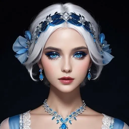 Prompt: A beautiful woman, white hair, blue eyes, blue eyeshadow, blue jewels o