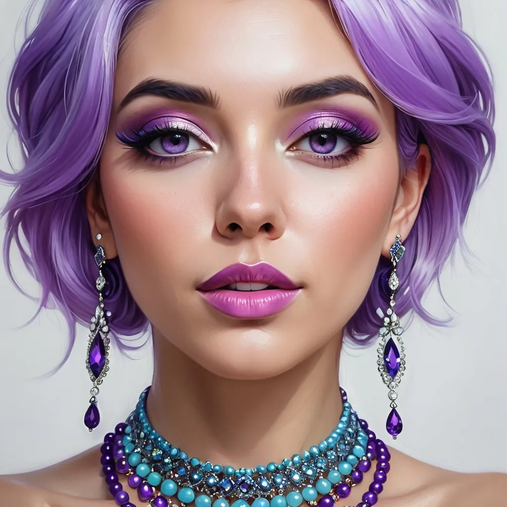 Prompt: a digital painting of a woman with purple hair and jewelry on her neck and chest, wearing a necklace and earrings, Artgerm, photorealism, highly detailed digital painting, a photorealistic painting