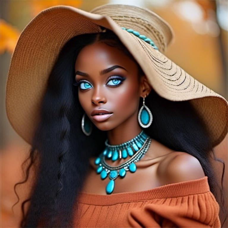 Prompt: <mymodel>Woman with dark skin, warm autumn colors, wearing turquoise jewelry,facial closeup