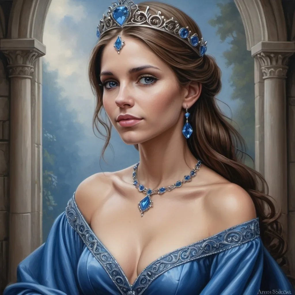 Prompt: a painting of a woman in a blue dress with a tiara on her head and a blue dress on her shoulders, Anne Stokes, figurative art, highly detailed digital painting, a detailed painting