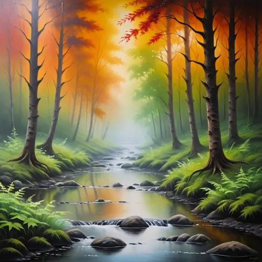 Prompt: <mymodel> Serene forest, oil painting, mist-covered trees, tranquil stream, vibrant and soothing colors, high quality, realistic, detailed foliage, peaceful atmosphere, soft natural lighting